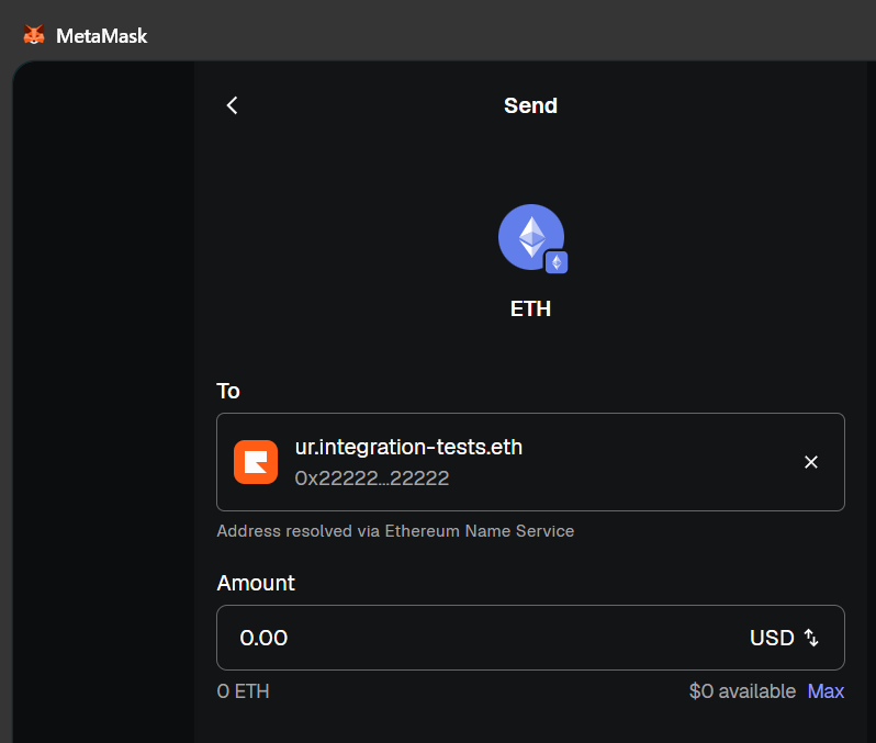 MetaMask correctly resolves the name for ENSv2